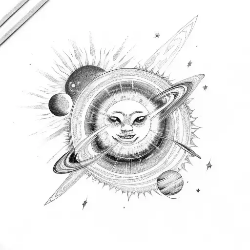 sun, planets and stars tattoo design idea