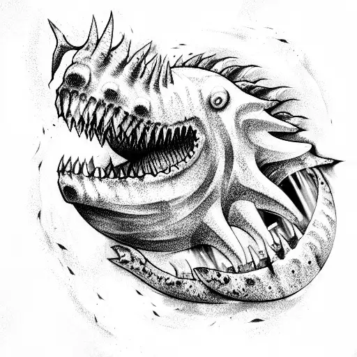 ocean, underwater monster, big teeth  tattoo design idea