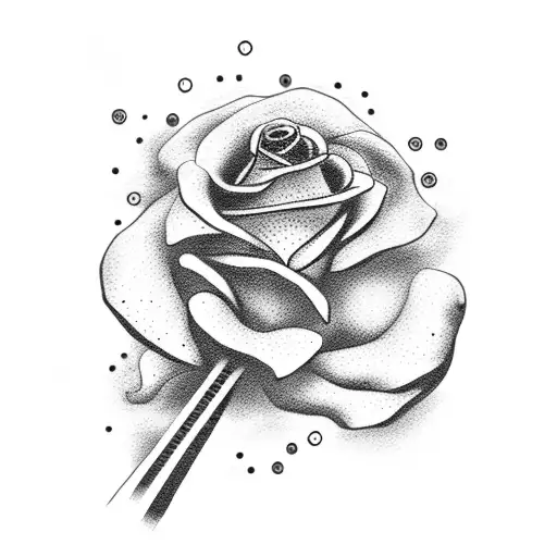 A dotwork tattoo of a guitar with roses and clouds floating around it tattoo design idea