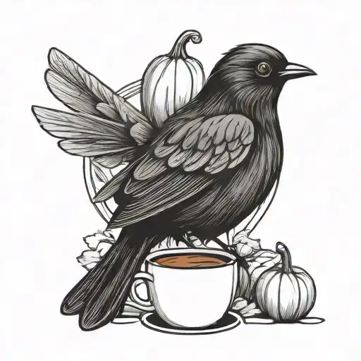Black bird, pumpkin, coffee, simple drawing style tattoo design idea