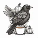 Black bird, pumpkin, coffee, simple drawing style tattoo design idea