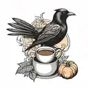 Black bird, pumpkin, coffee, simple drawing style tattoo design idea