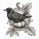 Black bird, pumpkin, coffee, simple drawing style tattoo design idea
