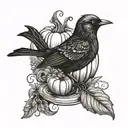 Black bird, pumpkin, coffee, simple drawing style tattoo design idea