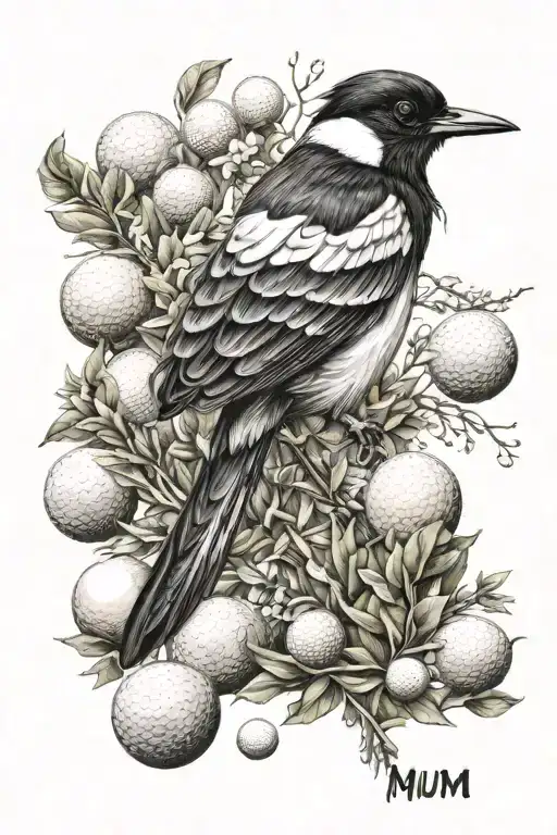 include the word 'mum' a magpie and golf balls, markers and tees tattoo design idea