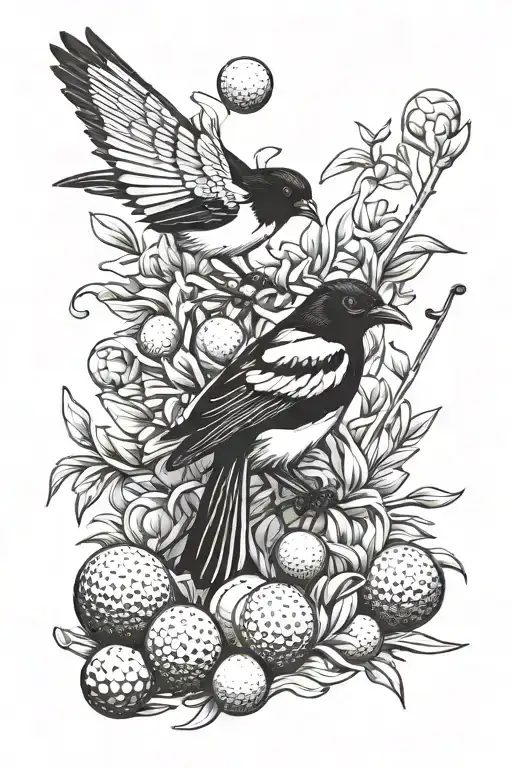 mum, a magpie and golf balls, markers and tees forming a heart tattoo design idea