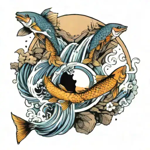 waterfall + 2 carps + ying yang + sun + moon merging together tattoo design idea