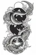 waterfall + 2 carps + ying yang + sun + moon intertwined tattoo design idea