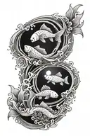 waterfall + 2 carps + ying yang + sun + moon intertwined tattoo design idea