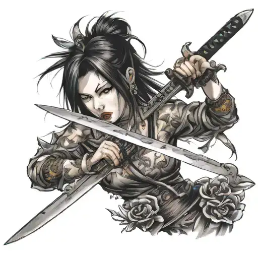 kunai knife with japanese girl tattoo design idea