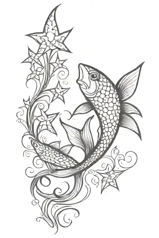 TATUAGEM PRETA E BRANCO, LINHAS FINAS E TRAÇOS VERTICAIS COM PEIXE E ESTRELA DE DAVI tattoo design idea