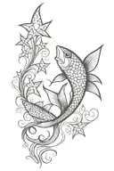 TATUAGEM PRETA E BRANCO, LINHAS FINAS E TRAÇOS VERTICAIS COM PEIXE E ESTRELA DE DAVI tattoo design idea