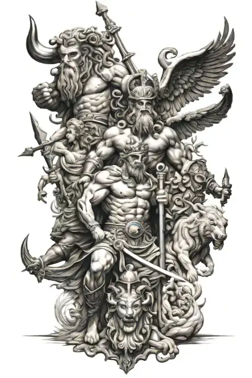 can you give me a tattoo idea about greek mythology with ares, zeus and poseidon   tattoo design idea