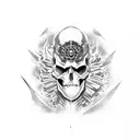 malevolent shrine in left arm, with skull up to the sleeve tattoo design idea