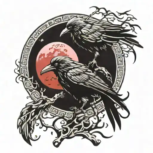 japan crow red moon sad tattoo design idea
