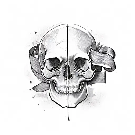 Stoic skull with tattered ribbon tattoo design idea