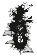tree with roots that end with music note, quill pen, book, cross  tattoo design idea