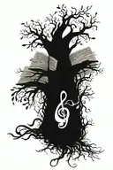 tree with roots that end with music note, quill pen, book, cross  tattoo design idea