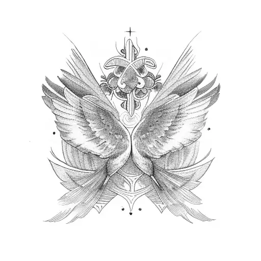 3 birds with halos looking at a 4th bird tattoo design idea