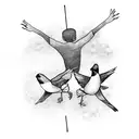 A stick figure representation of the band Three Little Birds performing on stage tattoo design idea