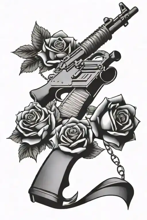 m4 rifle red roses banknotes tattoo design idea