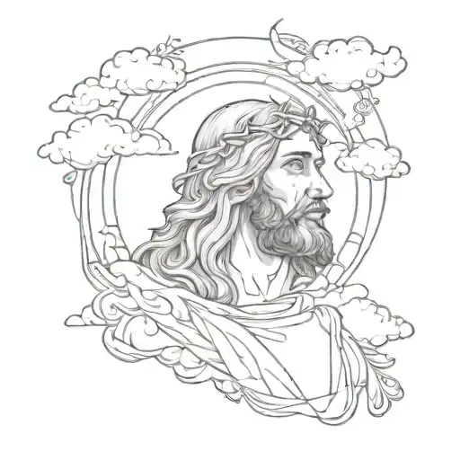 cloud back drop sleeve with jesus portrait  tattoo design idea