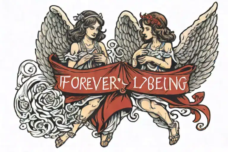 two angels holding up a red banner with white text that says "Forever Young 29/11/13" tattoo design idea