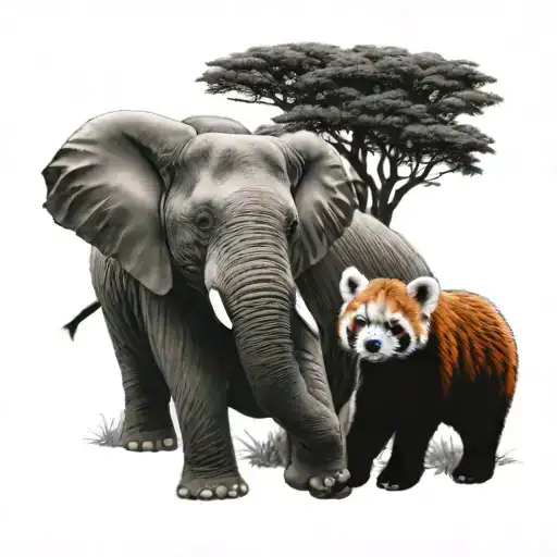elephant and red panda  tattoo design idea