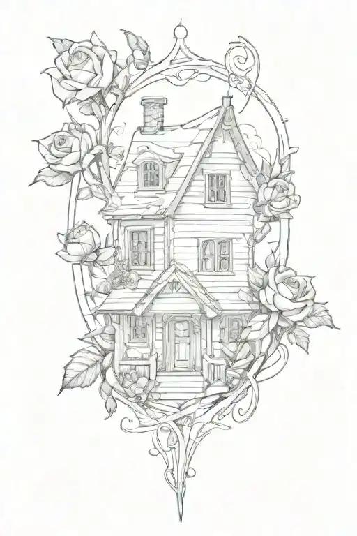 home and rosebud intertwined within tattoo design idea