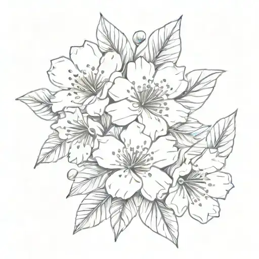 sakura flowers with five delicate petals of varying degrees of openness, several fallen petals creating a sense of movement tattoo design idea