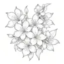sakura flowers with five delicate petals of varying degrees of openness, several fallen petals creating a sense of movement tattoo design idea