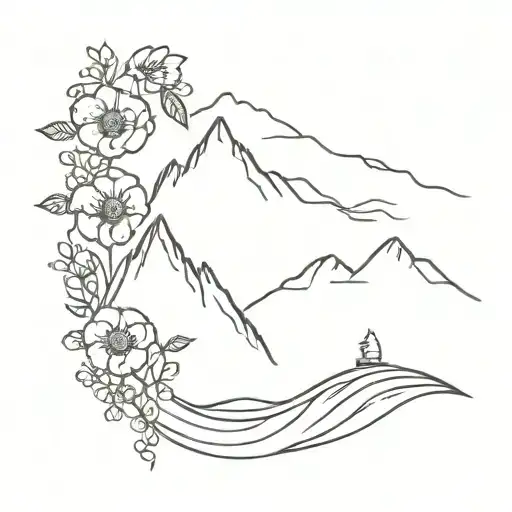 flowers cross camera mountains ocean waves tattoo design idea
