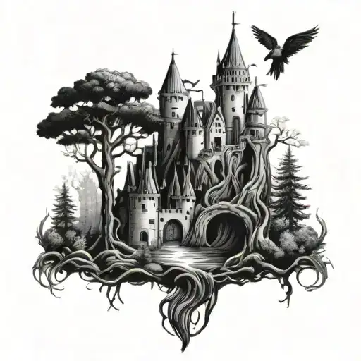 A mystical forest scene with medieval elements such as castles and knights intertwined with nature spirits and fairies tattoo design idea