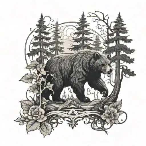 A black and grey tattoo of a medieval-inspired forest scene with a majestic bear as the central focus, accompanied by nature spirits and fairies tattoo design idea