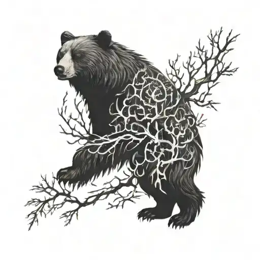 A blackwork tattoo depicting a powerful forest guardian spirit in the form of a bear, surrounded by ethereal nature spirits tattoo design idea