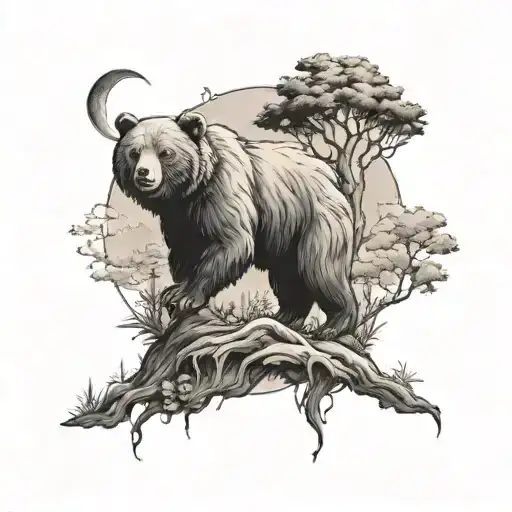 A black and grey tattoo of a medieval-inspired forest scene with a majestic bear as the central focus, accompanied by nature spirits and fairies tattoo design idea