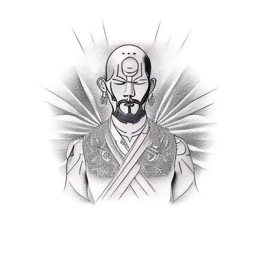 Create a tattoo design portraying a man who has attained profound inner peace, impervious to external influences as he h tattoo design idea