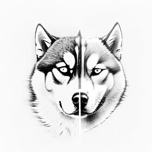 siberian husky and human half face tattoo design idea