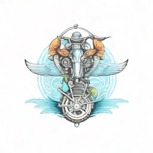 Traditional tattoo design featuring a motorcycle and a catfish in vibrant colors tattoo design idea