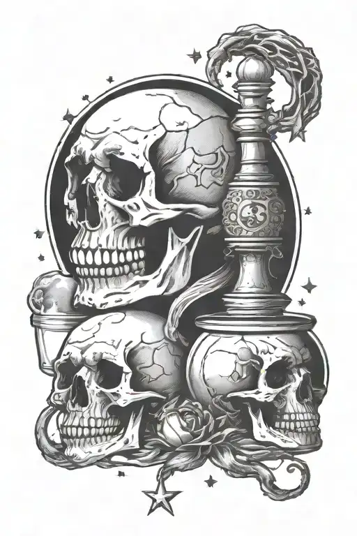 A tattoo design combining a sleeping moon and stars with a skull drinking from a potion bottle, symbolizing a love for sleeping and drinking tattoo design idea