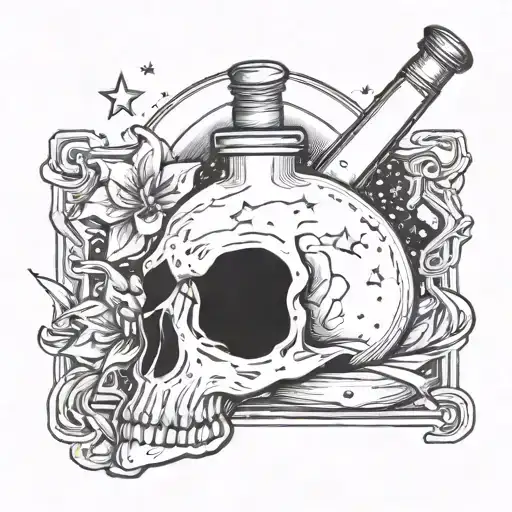 A tattoo design combining a sleeping moon and stars with a skull drinking from a potion bottle, symbolizing a love for sleeping and drinking tattoo design idea
