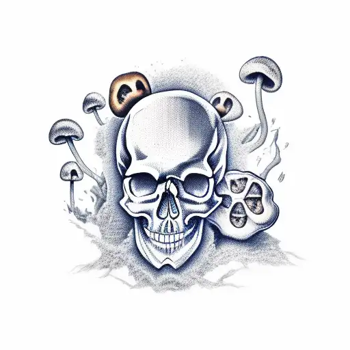 skull and mushrooms tattoo design idea