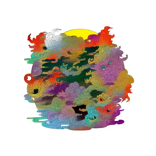 a lot of dragons, eyes, clouds, crazy, skulls, colourful  tattoo design idea