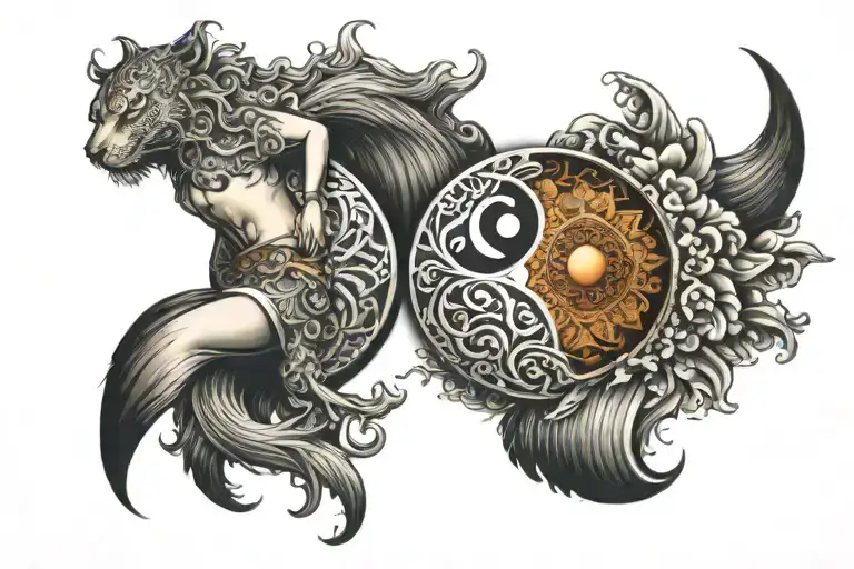 yin and yang being held by a mandala warriot tattoo design idea