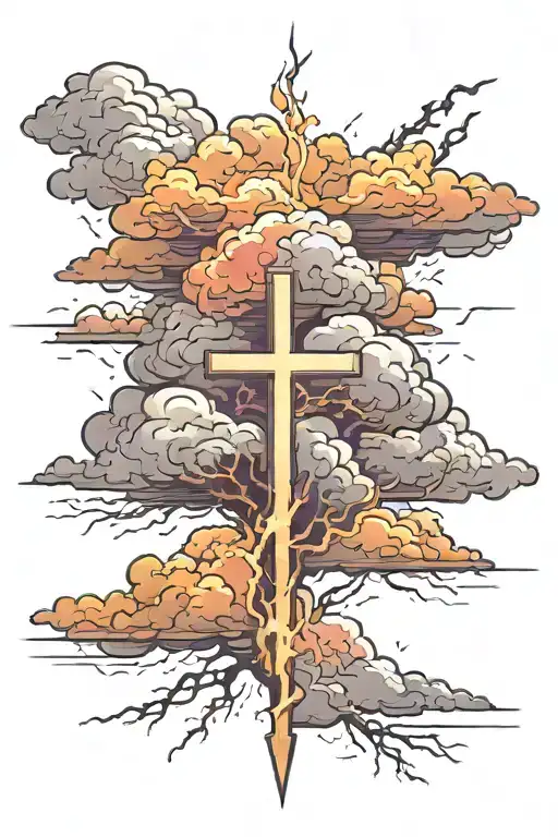 lighting storm clouds with lightning and cross tattoo design idea