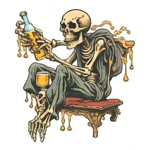 melting skeleton with beer bottle pouring tattoo design idea