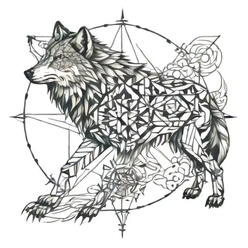 Wolf and compass design tattoo design idea