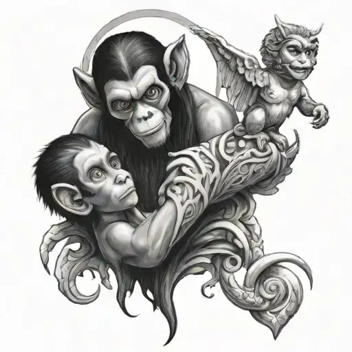 a tattoo containing the following - God and Lucifer - a boy and girl - An angel kissing a sinner - A monkey next to a ma tattoo design idea