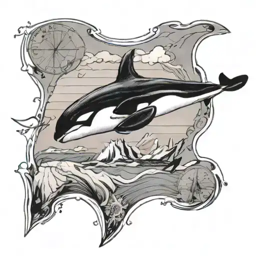 A black-grey tattoo of an orca leaping out of the water with a map of Reunion Island incorporated into its markings, representing the client's love for marine life and travel tattoo design idea