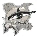 A black-grey tattoo of an orca leaping out of the water with a map of Reunion Island incorporated into its markings, representing the client's love for marine life and travel tattoo design idea